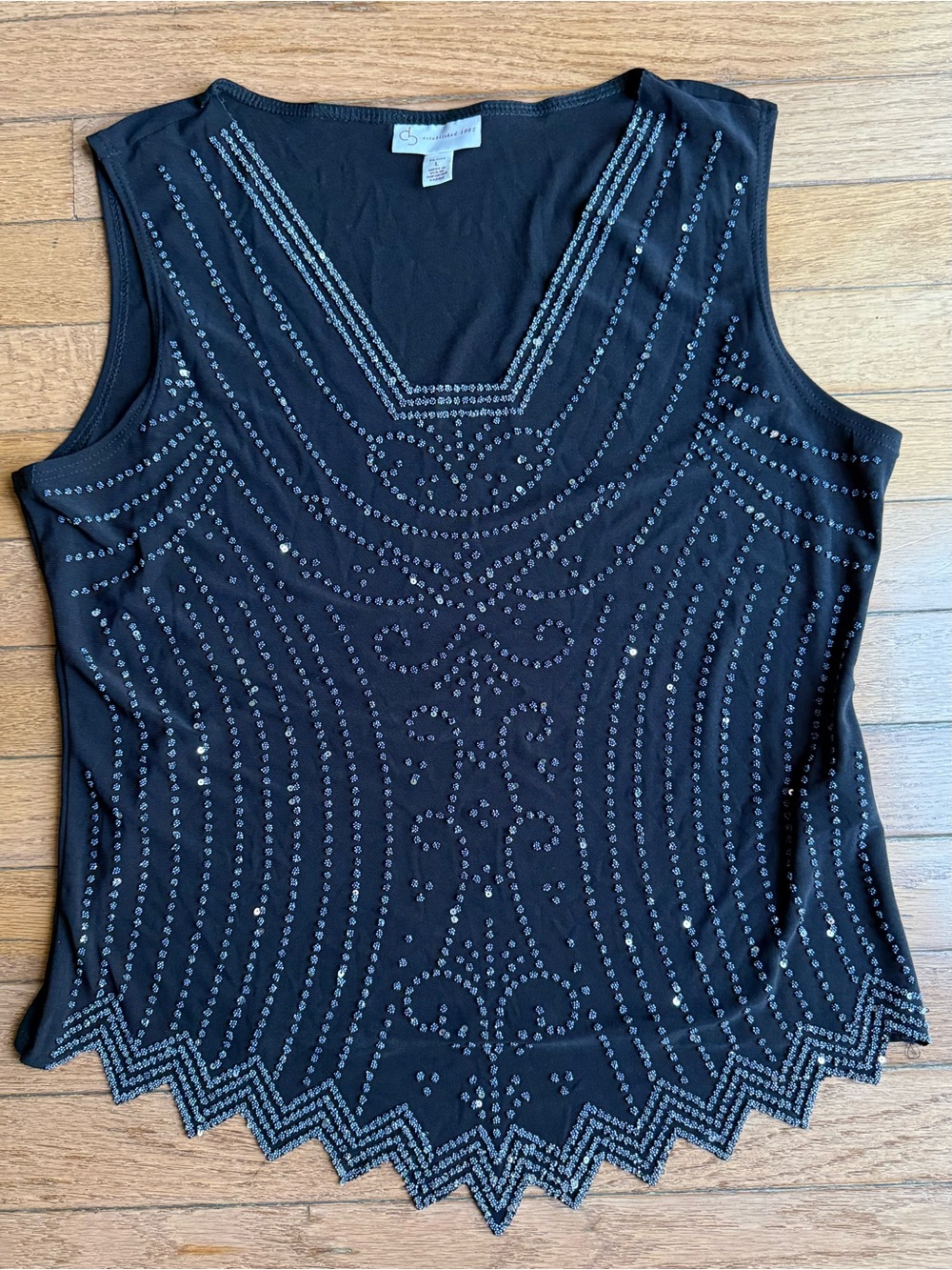 Art Deco Beaded Sequin Tank Top Black Petite Large USA